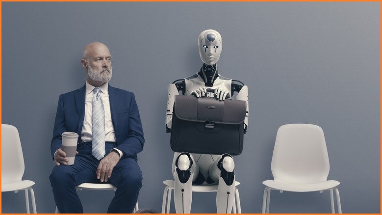 Man sitting next to a robot waiting to go into a job interview