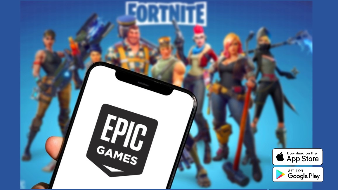 Epic Games logo on a phone screen, with the logos for the Apple and Google apps stores.