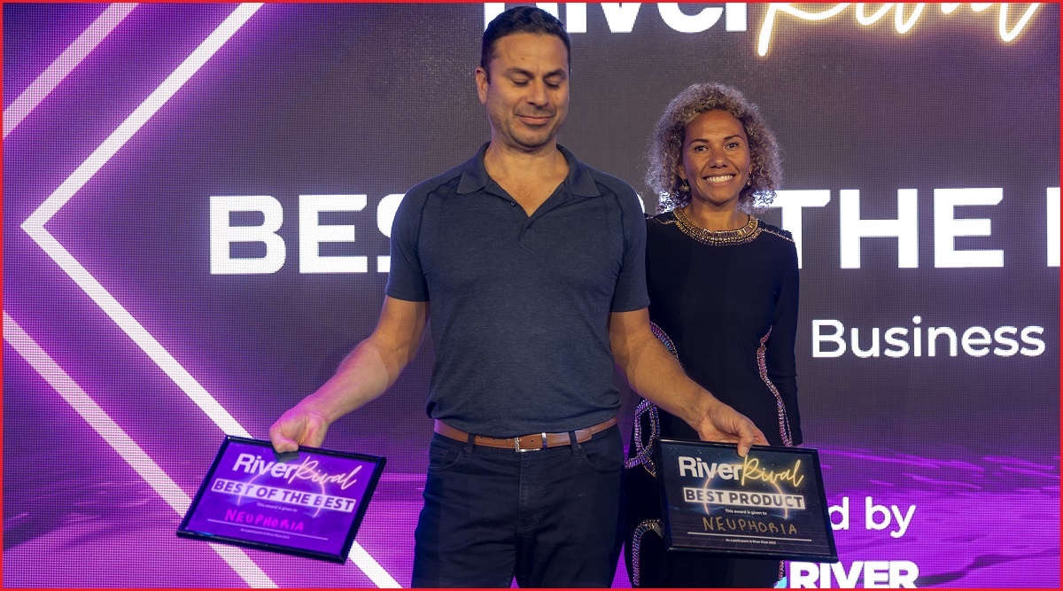 Neuphoria founder Henry Boulton receiving the River Rival awards from ACS Director of  Innovation Labs, Pauline Fetaui