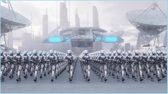 Hundreds of robots in army line formation holding guns 