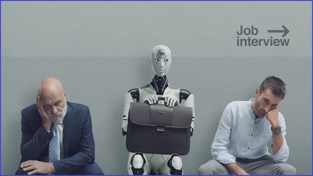 Two despondent-looking men sitting next to a robot outside a job interview.