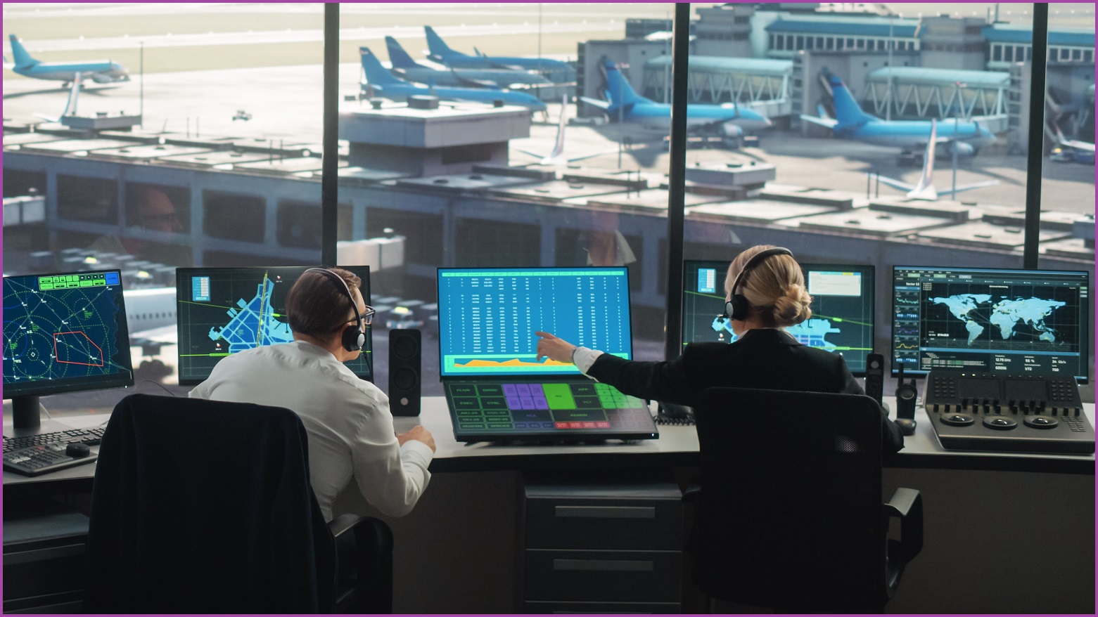 Two people inside a control tower at an airport.