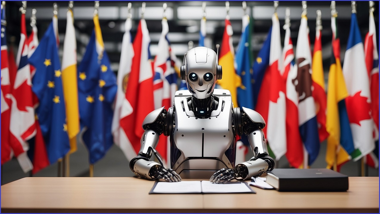 A robot signing documents in front of national flags