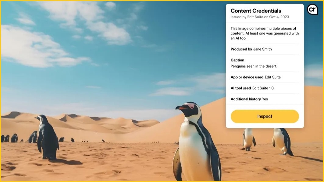 AI-generated image of penguins in the desert.