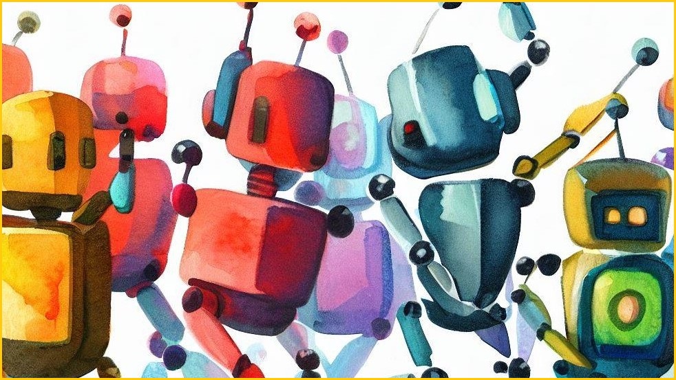 A group of colourful dancing robots