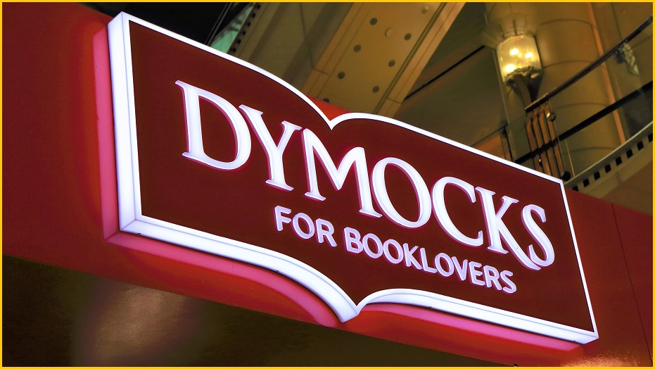 Red sign reading 'Dymocks for booklovers'