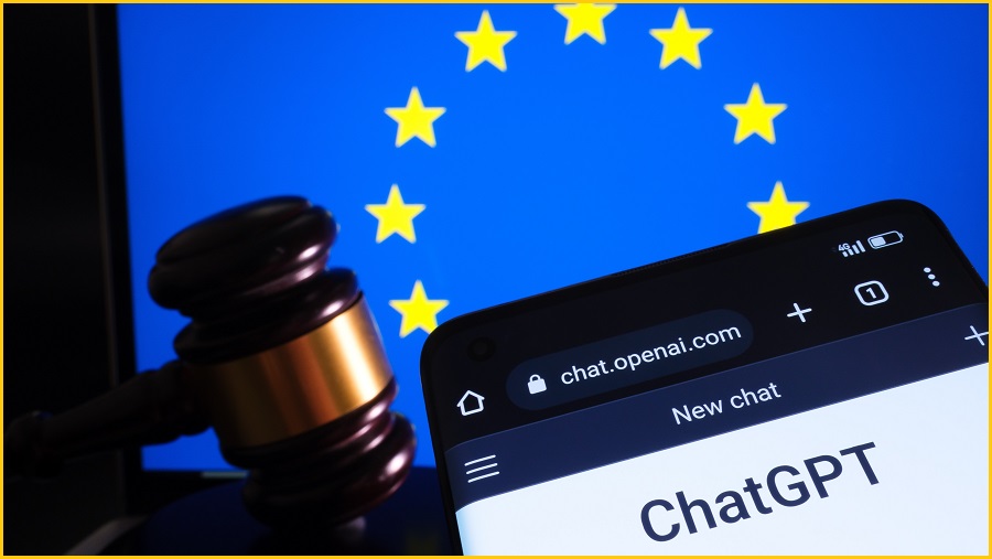 the ChatGPT home page in front of a gavel and the EU flag