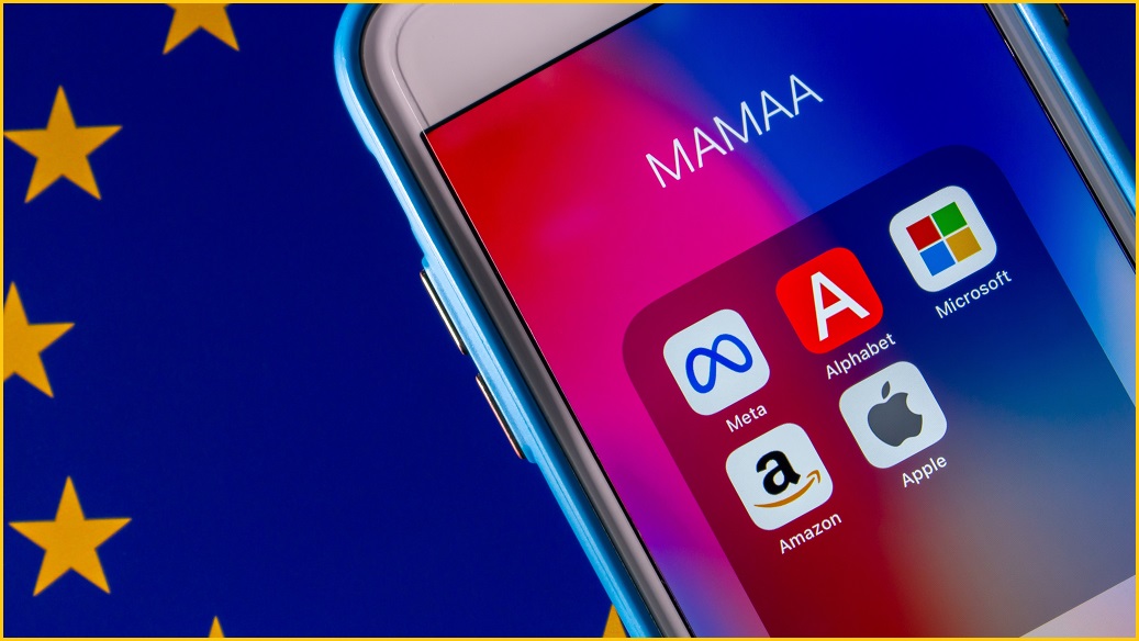 App logos for Meta, Alphabet, Microsoft, Amazon, and Apple on a phone in front of the European Union flag