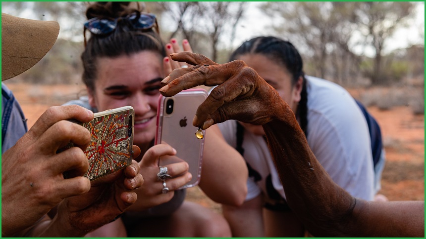 Young women taking photo of a honeypot ant on their smart phones.