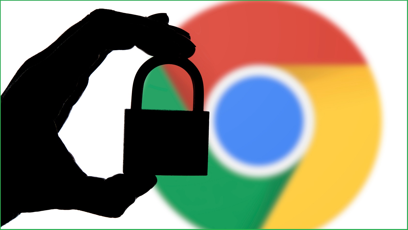 silhouette of a hand holding a lock in front of the Google Chrome logo.