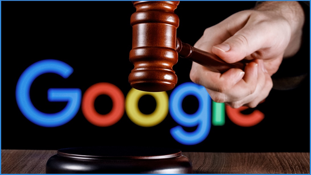 Judge's gavel coming down on backdrop of Google logo