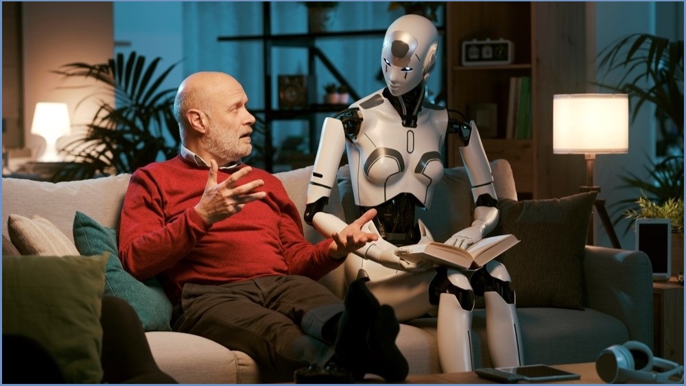Man sitting on couch speaking with robot