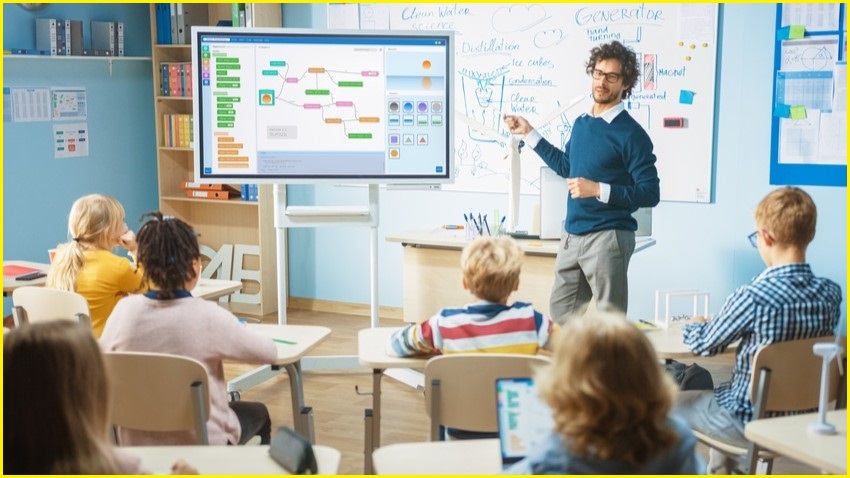 A male teacher in front of a classroom pointing to something on the large screen next to him