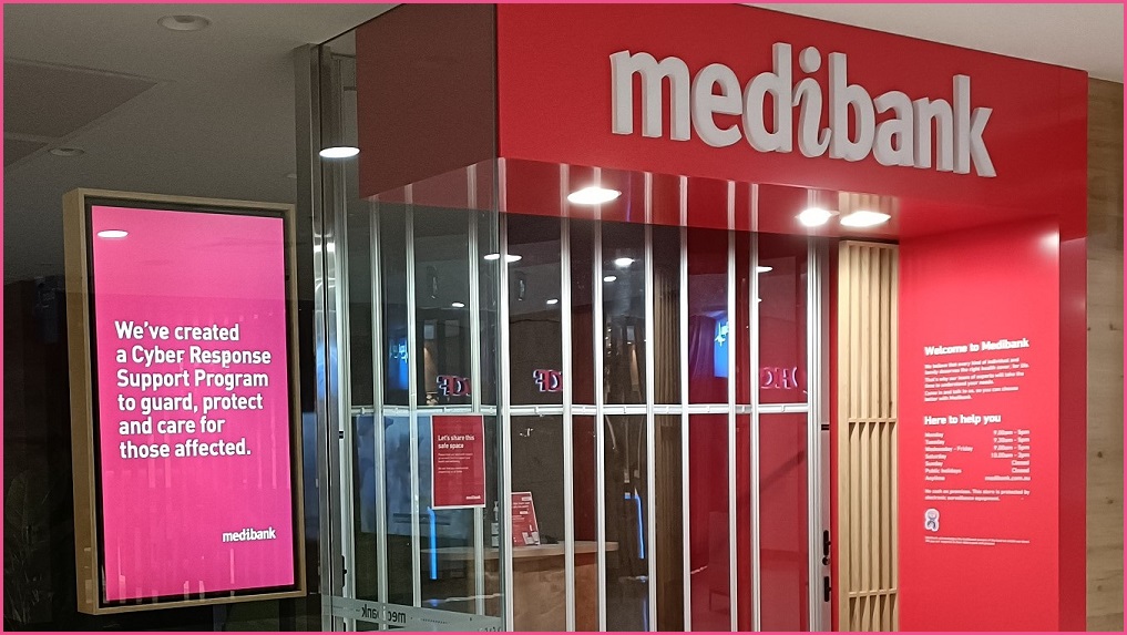 Medibank storefront with cyber message on screen
