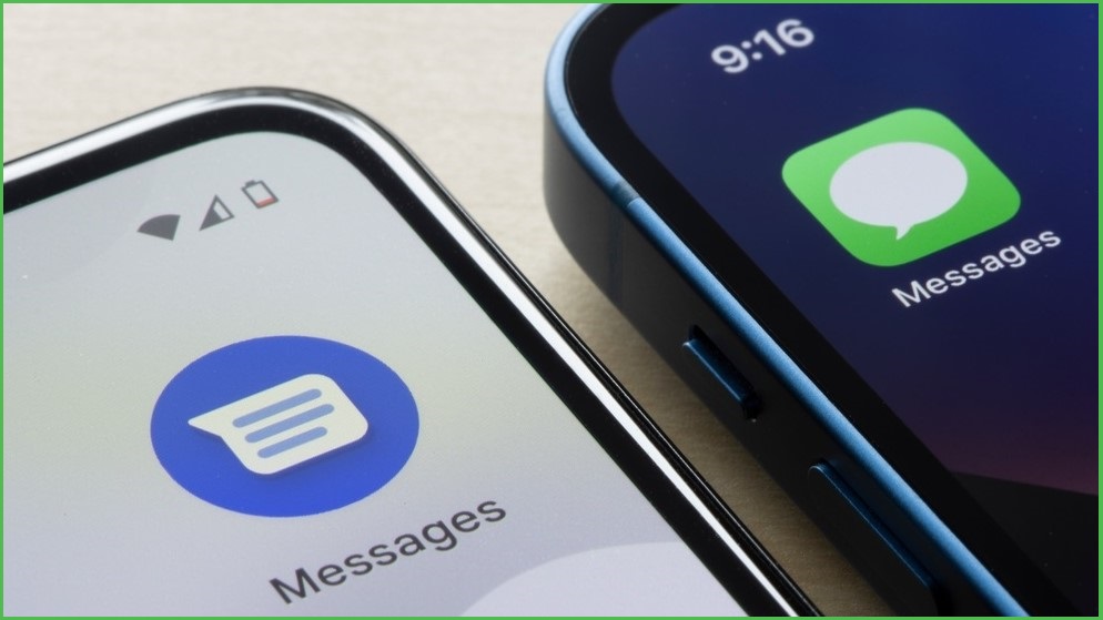 Apple iPhone and Android messaging apps on phone screens