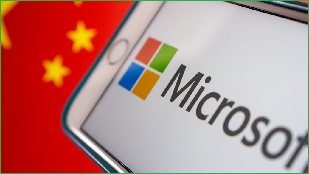 The Microsoft logo on a phone with the Chinese flag in the background.