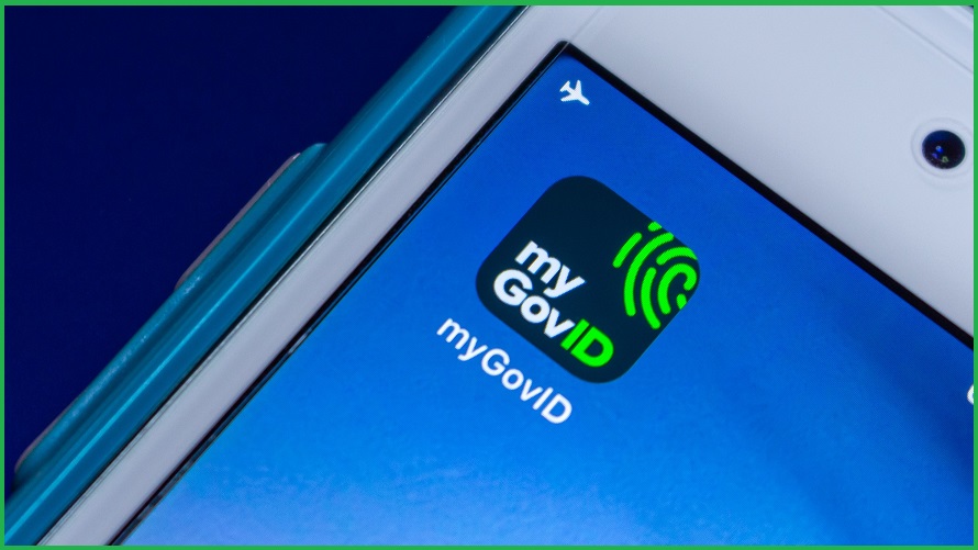 The myGovID logo on a phone background.
