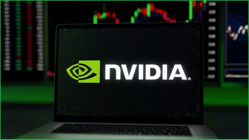 Nvidia logo in front of red and green stock bars.