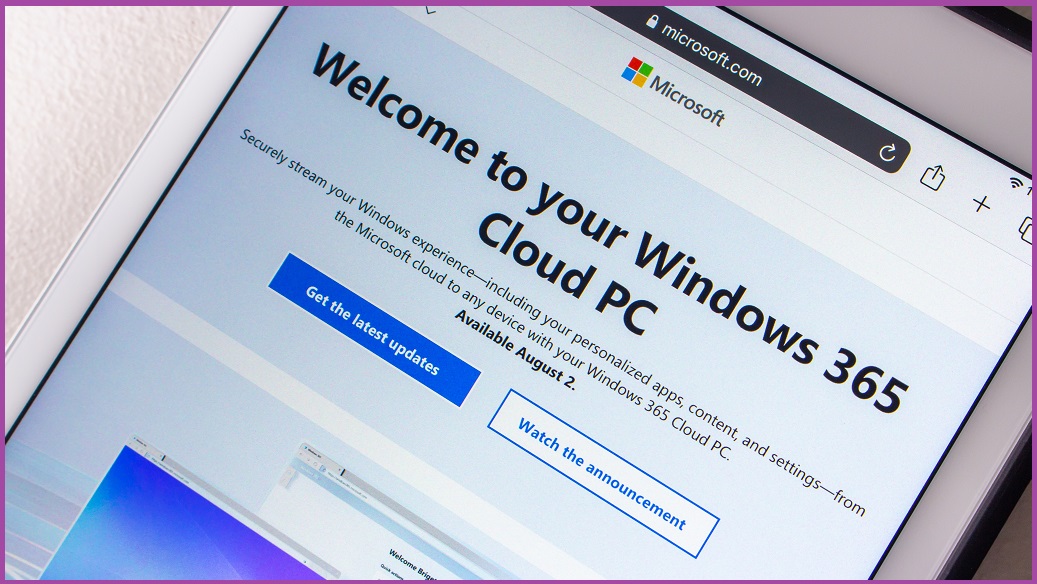 A photo of the Microsoft website that says 'Welcome to your Windows 365 Cloud PC'.
