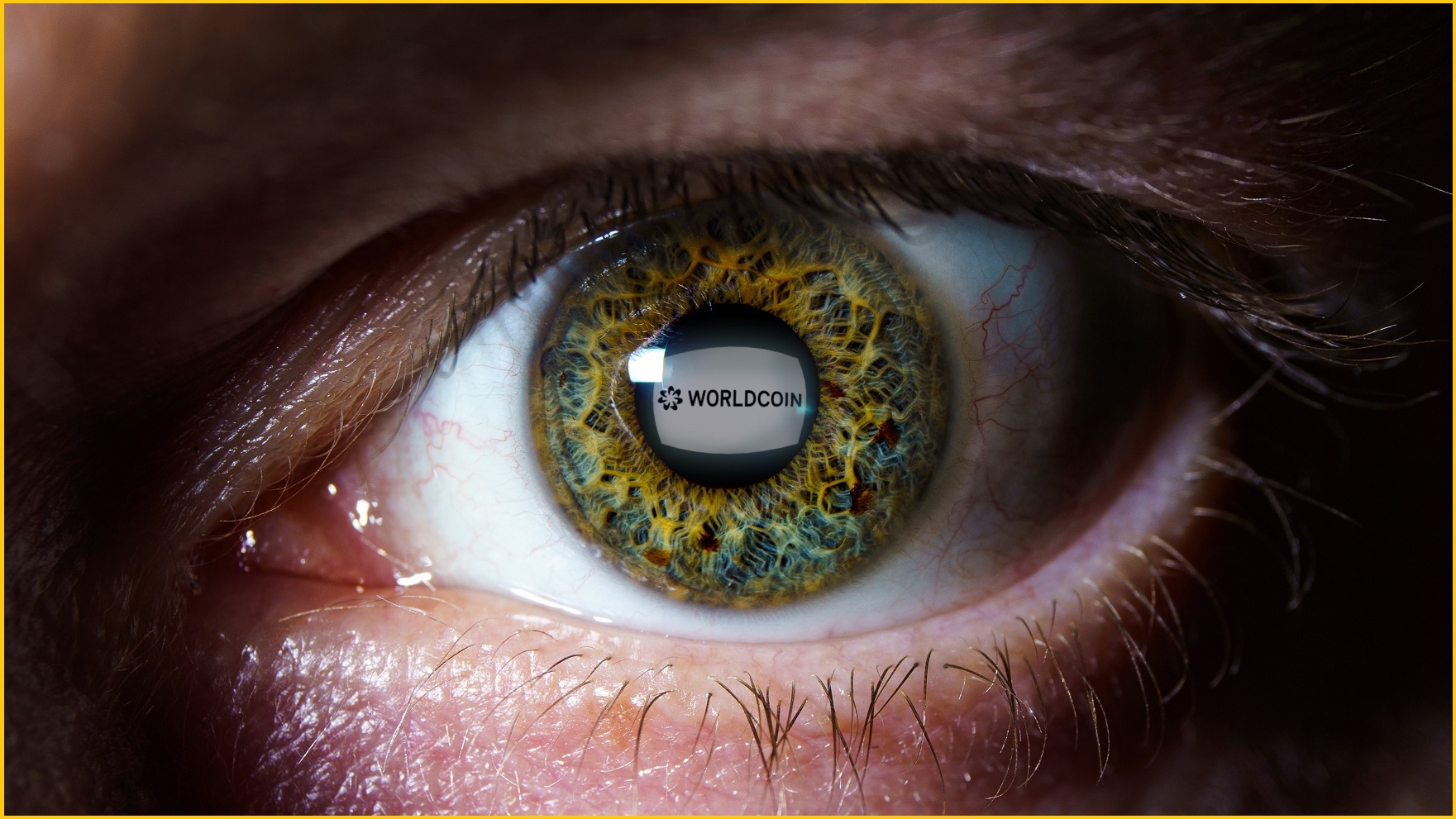 Close-up of a person's eye with the Worldcoin logo in the pupil.