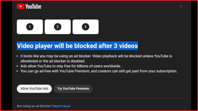 Screen shot of YouTube screening warning users not to use video ad blockers