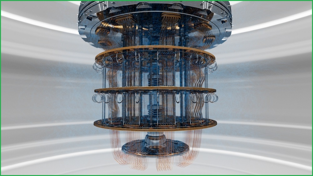 A medium shot of a 3D render showing a quantum computer hanging from a ceiling, with many wires and circular sheets of metal.