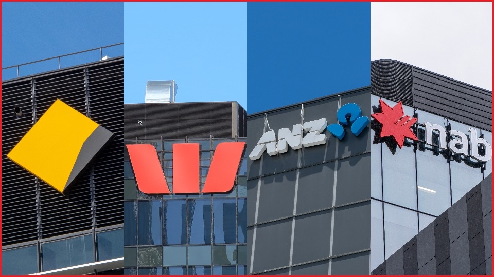 A composite of four close up photos of the logos of the Commonwealth Bank, Westpac, ANZ and NAB on the side of office buildings.