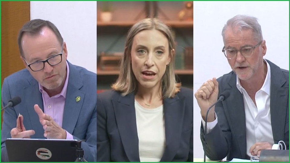 A composite of three images: a man in a suit jacket and glasses speaking, a woman in a suit jacket speaking, and a man in a suit jacket and glasses speaking.