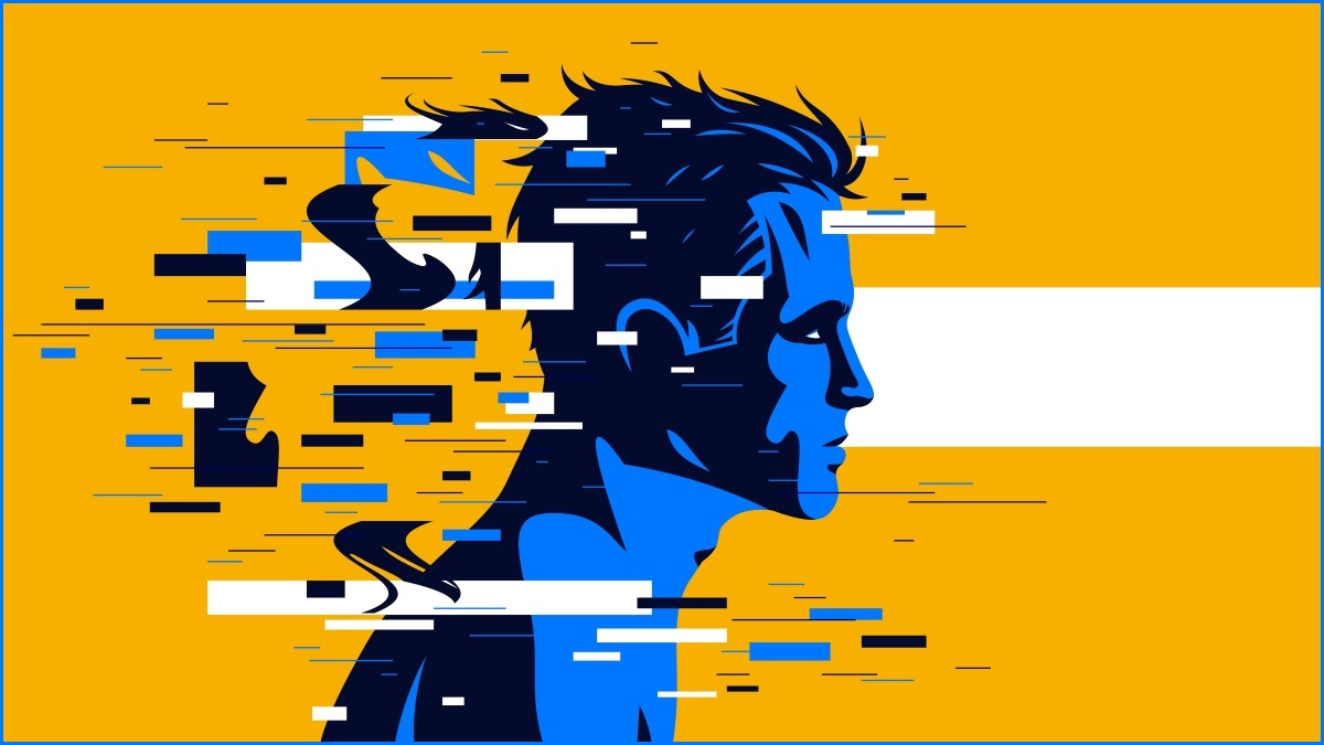 A vector graphic illustration of a profile of a man's face, as small squares and rectangles fly past him.