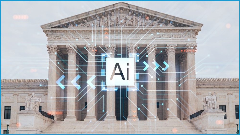 A wide shot of the US Capitol Building in Washington, with a graphic overlay with the word "Ai".