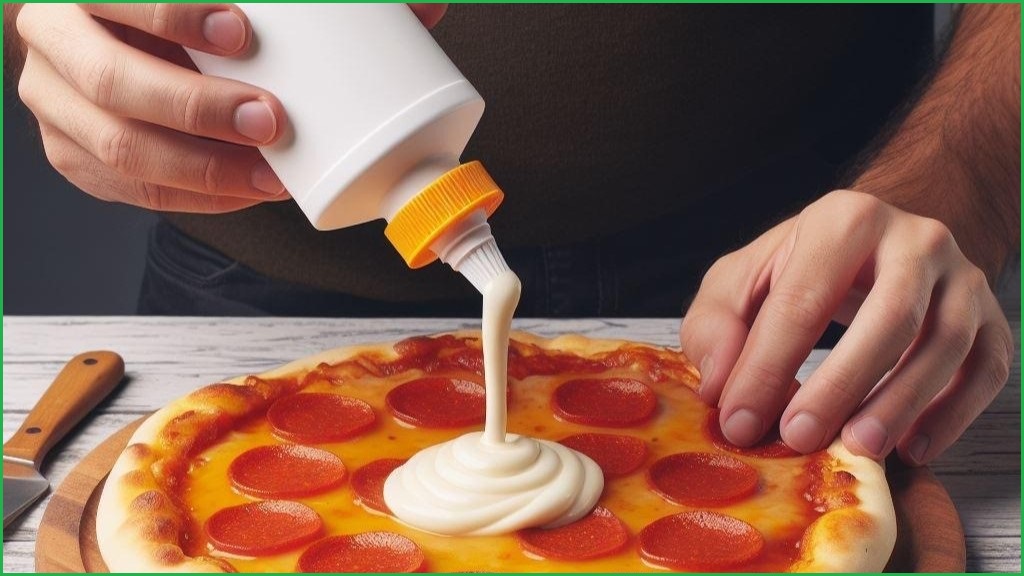 An AI-generated close up of a man's hands pouring liquid glue onto a pepperoni pizza.