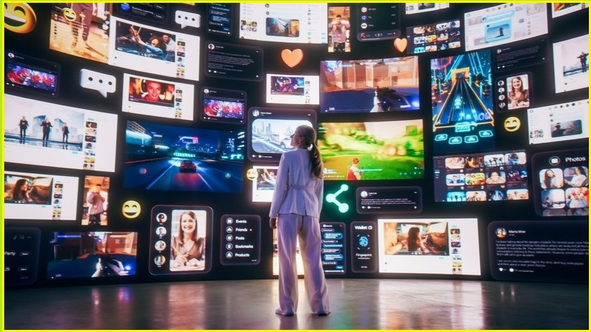 Woman staring at a wall of large screens.