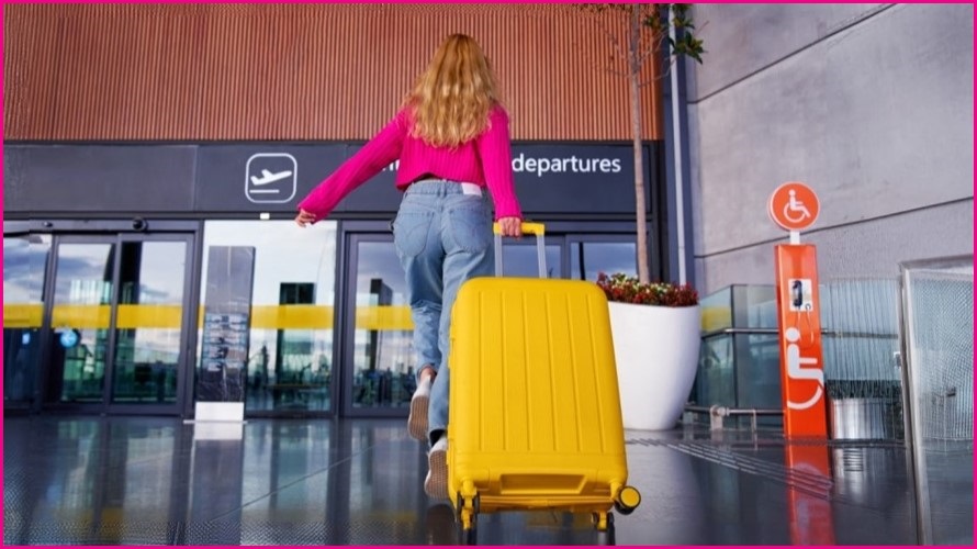 Woman in pink jumper and jeans running towards the 'departures' door of airport, pulling yellow wheeled suitcase behind her.