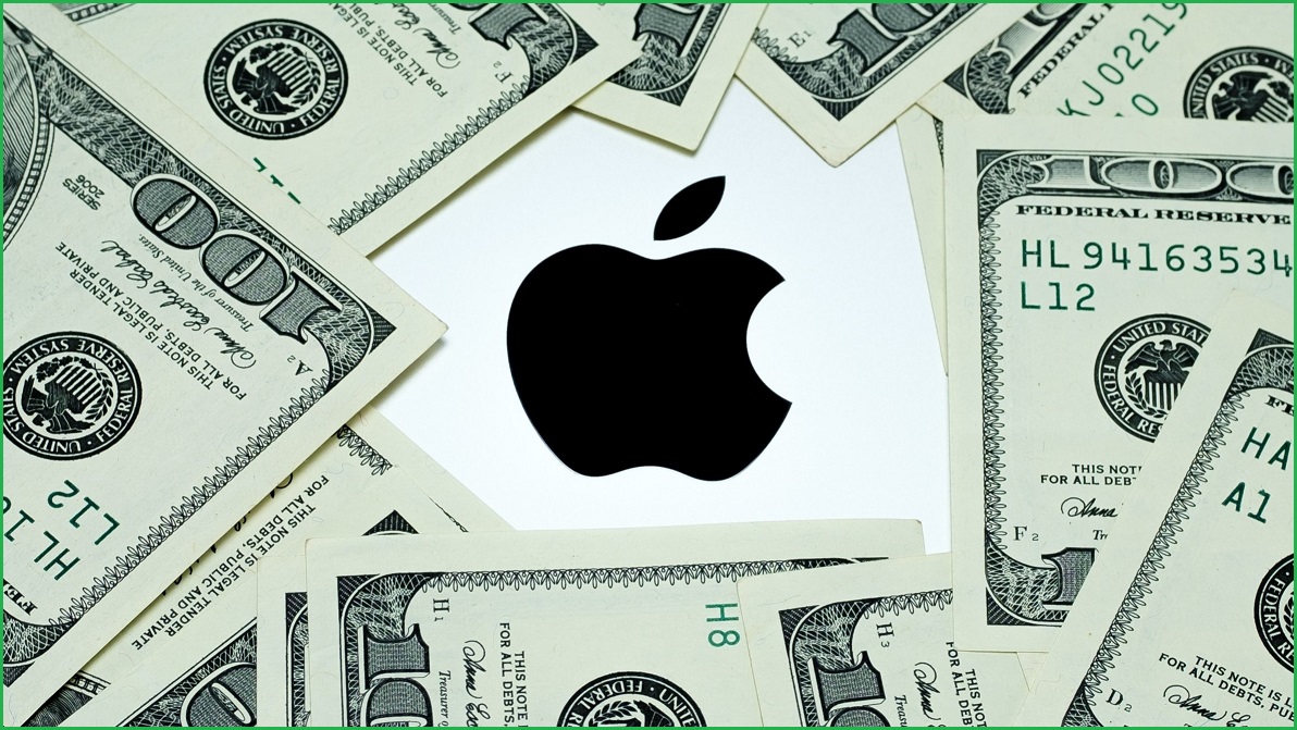 Apple logo surrounded by US dollars.