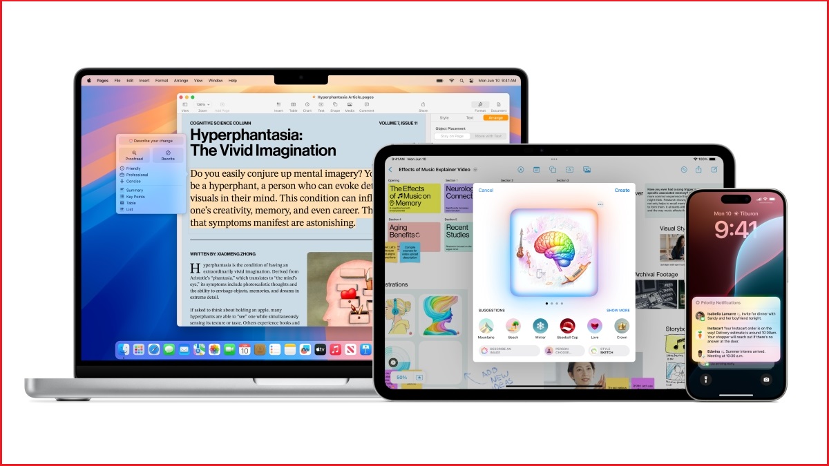 A marketing image showing an Apple laptop, iPad and iPhone running new software with AI capabilities.