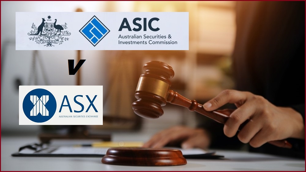 Judge's gavel being held, next to logos of ASIC and ASX