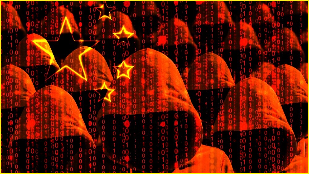 Figures wearing hoodies with data raining down on a Chinese flag