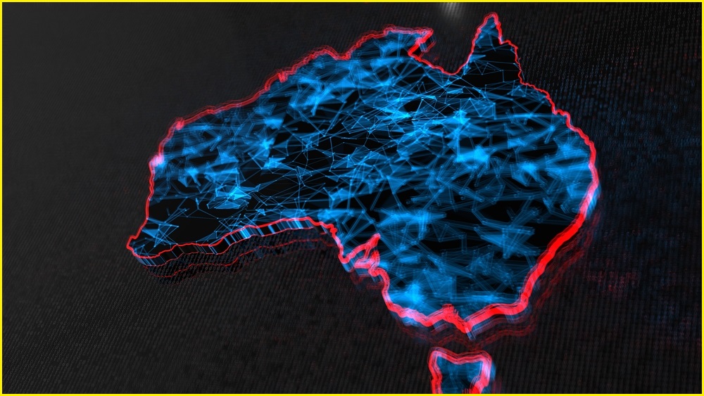 A close up of a digital map of Australia, with many interconnecting lines within it, visualising technology.