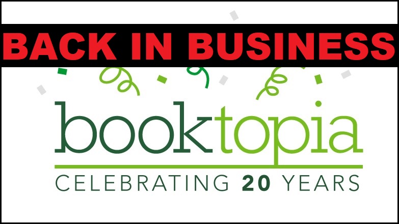 Booktopia logo with banner reading BACK IN BUSIINESS.