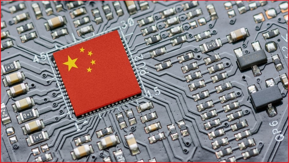 A close up of a computer circuit board with a Chinese flag overlaid on top of a microchip.