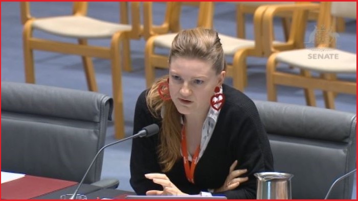 A medium shot of a woman sitting at a table and speaking into a microphone in a parliament committee room.