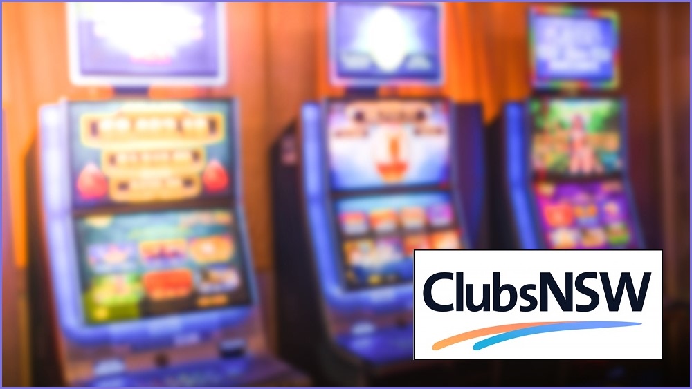 ClubsNSW logo on a backdrop of pokie machines