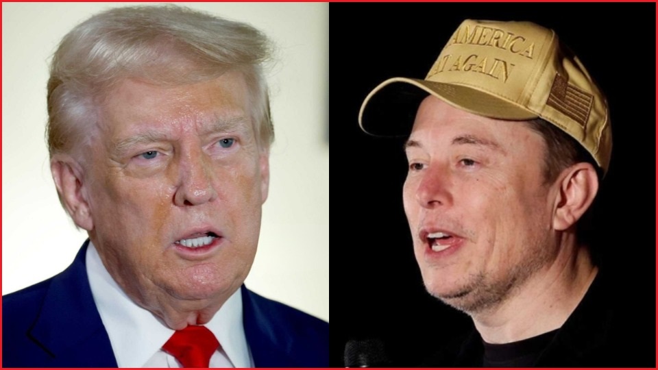 A close-up photo of Donald Trump's face, next to a close-up photo of Elon Musk wearing a MAGA hat.