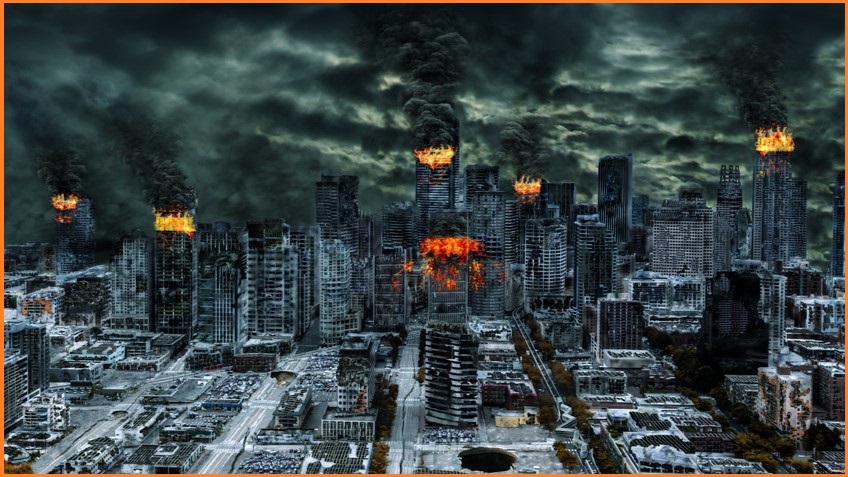 City on fire in doomsday scenario.