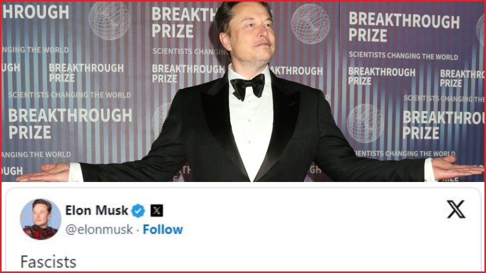 Elon Musk in a suit and bow tie gesturing widely with his hands. Below him in a screenshot of an X post by Musk with the word "Fascists".