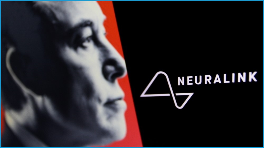 On the left, a profile image of Elon Musk's face. On the right, the logo of Neuralink.