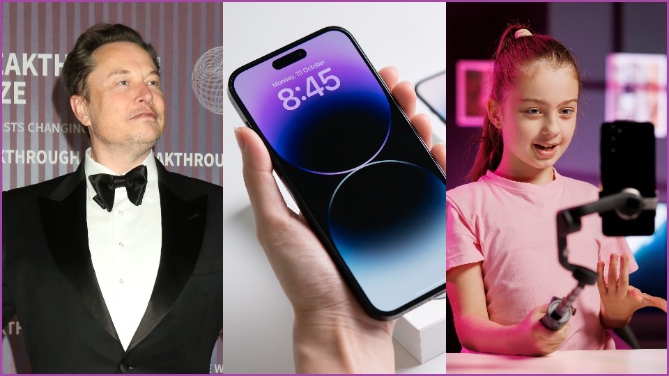 Three portrait images next to each other: The first of Elon Musk wearing a suit and smiling, a hand holding an iPhone, and a young girl using a phone on a selfie stick