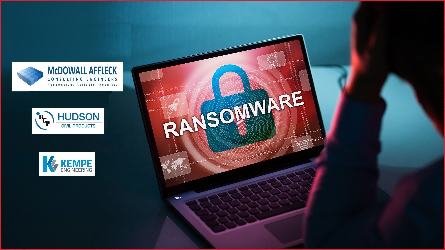 Screen with RANSOMWARE and the logos of the three affected firms.