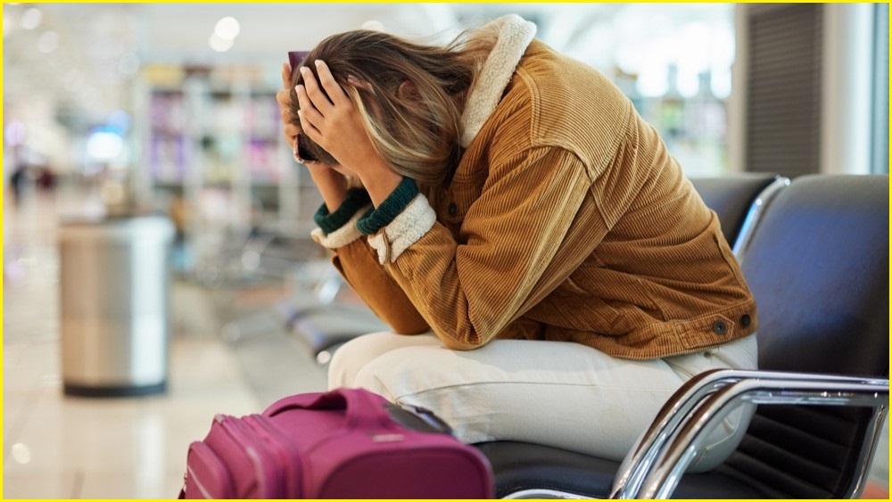 A medium shot of a woman sitting in a chair at an airport, leaning forward with her head in her hands and her bag next to her