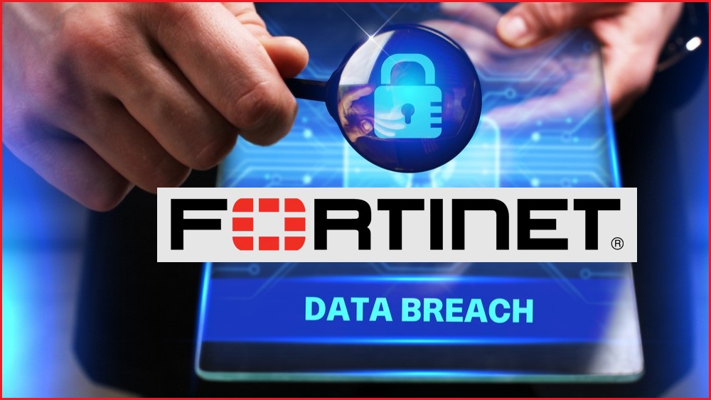 Words 'Fortinet data breach' appear on a phone screen with a person's hand holding a magnifying glass .